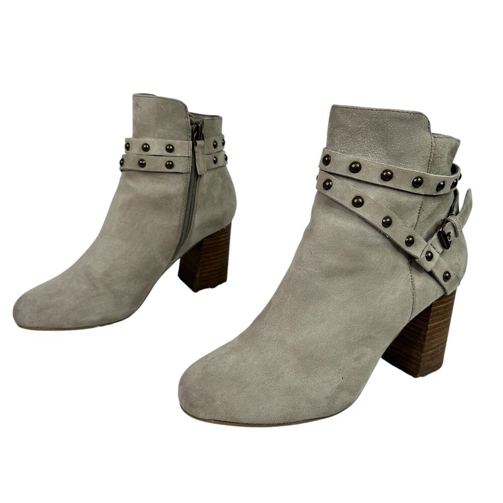 BP Studded Ankle Boots Womens 7.5 Gray Suede Leather Block Heel Zip Western Moto